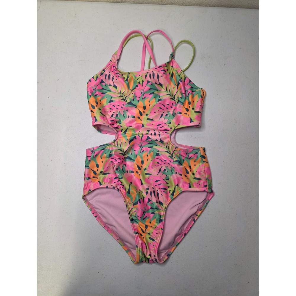 Art Class Girls Tropical Cut-Out One Piece Swimsuit Pink Green L 10/12